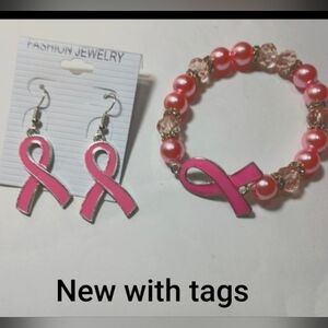 💘NWT BREAST CANCER Bracelet w/ Earrings 3 Pc Set Pink & Silver